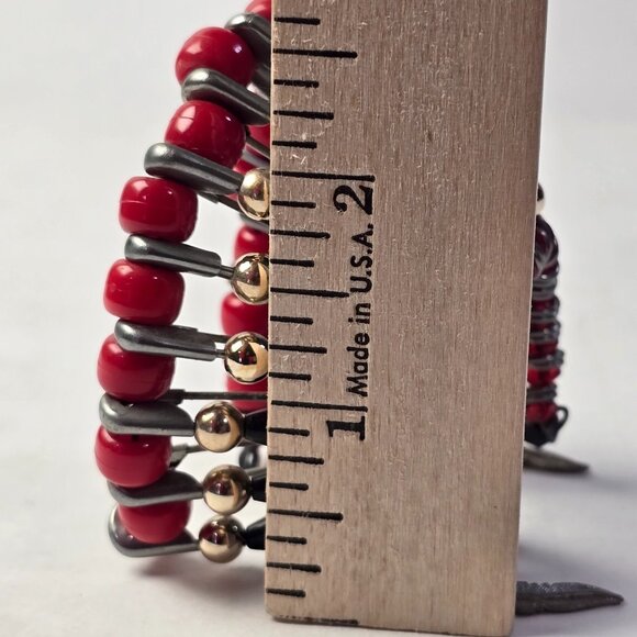 Vintage Beaded Safety Pin Art Fan Decor Red Black Gold Feathers Handmade 80s 90s - Picture 8 of 9